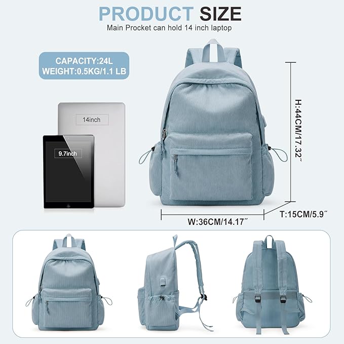 School Backpack for Teens Boys Girls Cute Corduroy Bookbag Classic Casual High School Bag Lightweight College Backpack For Women Men(Blue)