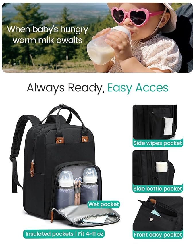 Extra Large Diaper Bag Backpack for Two Kids Twins - Expandable Baby Bag (26-36L), Dual Big Compartments - Includes Changing Pad & Stroller Straps, Unisex Black