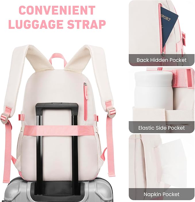 Backpack for School Girls, Cute High School Backpacks for Teens Women Student Large Bookbag 15.6 Inch Laptop Bag with USB Charger Port for College Work Travel Trip (Pink Beige)