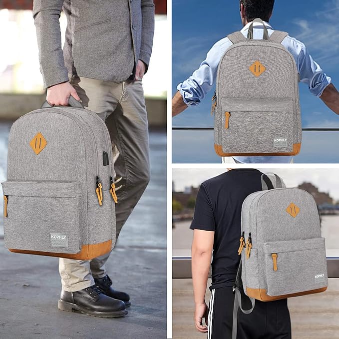 SUPACOOL Lightweight Laptop Backpack with USB Charging Port for Men and Women, Double Layers Backpack for College, Work, Travel, Casual(Light Grey)