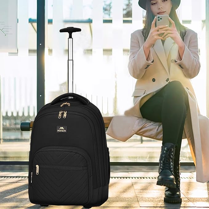 MATEIN Rolling Backpack for Women, 17 inch Water Resistant Wheeled Laptop Backpack, Large Carry On Luggage Travel Backpack with Wheels, Trolley Suitcase Business Overnight Roller Bag for Adults, Black