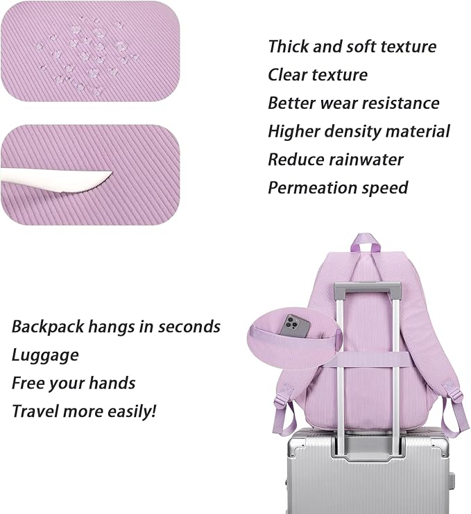 Girls Laptop Backpack Corduroy Bookbag For Teen Big Studen School Bag Durable Travel Daypack (Purple)