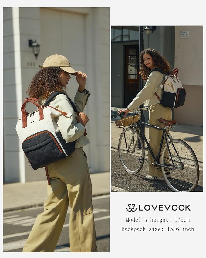LOVEVOOK Laptop Backpack for Women, 15.6 inch Work Travel Backpack Purse, Puffer Quilted Laptop Backpack Casual Daypack for Nurse Teacher，Black-White-Brown