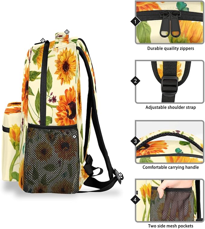 Pardick Backpacks Boys Girls, Flower Yellow Sunflower Lightweight School Backpack Laptop College Bookbag, Travel Casual Daypack, Hiking Camping Computer Rucksack