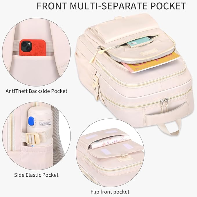School backpack for Girls, Aesthetic Backpack for Women Cute Bookbag Preppy College (Beige)