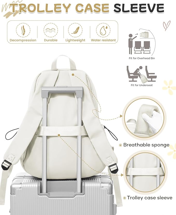 SEAFEW Small Backpack for School Girls Kids Women, Waterproof Bookbag Cute High School Backpack for Men Teen Boys, Lightweight College Back Pack Mochilas Escolares para Casual Daypack Rucksack White