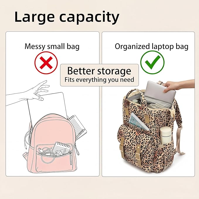 Corduroy Laptop Backpack for Women 15.6 Inch Stylish College School Bookbag, Business Work & Travel Computer Backpacks (Leopard Brown)