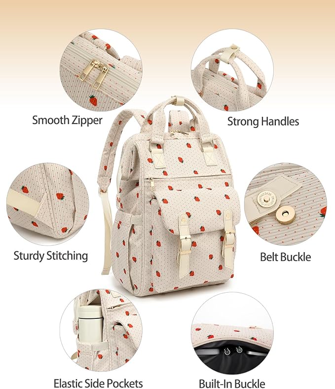 Laptop Backpacks for Women, Corduroy High School College Bookbag 15.6 Inch Laptop Bags for Girls Travel Daypack - Strawberry Beige