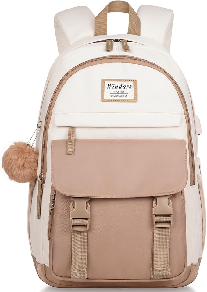 School Backpack for Teen Girls, Cute College Backpacks for Women Students Aesthetic Bookbag Large 18 Inch Laptop Bag Middle School Travel Back Pack (Beige Khaki)