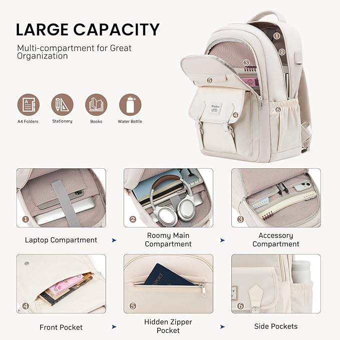 Student Laptop Backpack for College Teen Girls, Cute Middle High School Bag Women Bookbag Large Travel Back Pack Fit 15.6 Inch Laptop (Beige)