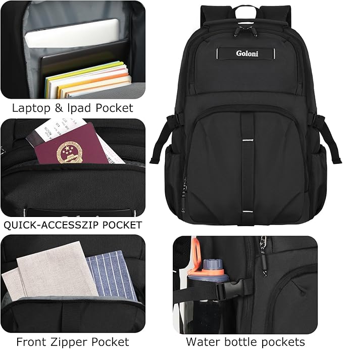 Goloni Airline Approved Travel Backpack 35L - Under Seat Carry On, Water Resistant 15.6 Inch Laptop Compartment for Men Women Work Travel,Black