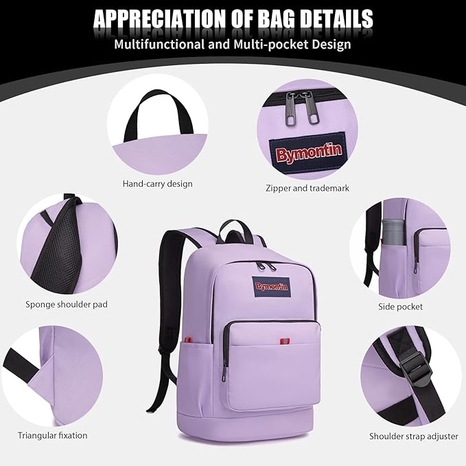Classic Casual Backpack, Lightweight Daypack with 10 Pockets, Laptop Compartment, EVA Foam Pad (Purple)