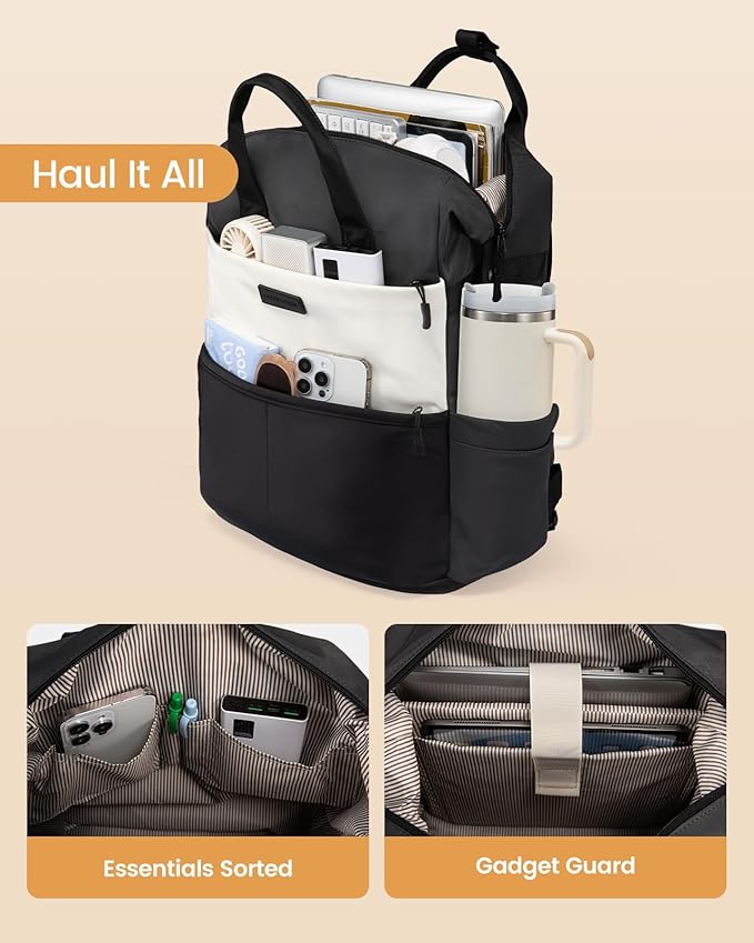 LOVEVOOK Laptop Backpack for Women, 17.3 Inch Work Travel Backpack Purse for School College Bookbag for Teen Girls Waterproof Computer Bag for Teacher Nurse Business, Black-Beige-Grey