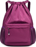 Purple Drawstring Backpack for Women, Waterproof Drawstring Gym Bag for Men, Small Cinch Sack for Basketball, Pull String Sport Bag for Soccer.