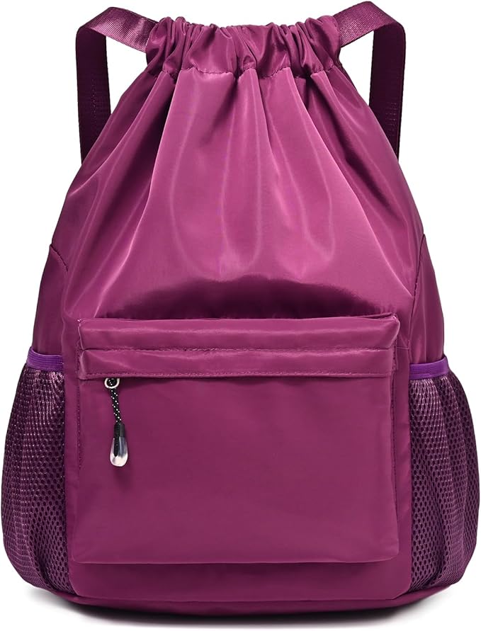 Purple Drawstring Backpack for Women, Waterproof Drawstring Gym Bag for Men, Small Cinch Sack for Basketball, Pull String Sport Bag for Soccer.