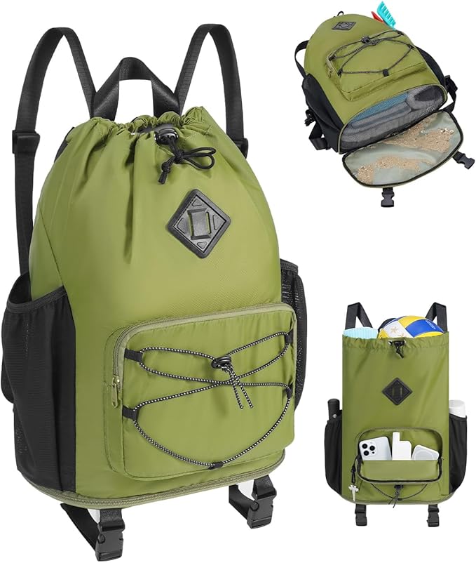 WANDF Drawstring Backpack with Removable Wet Pocket, Sandproof Beach Backpack with Bottom Compression Strap for Beach Mat, Swim Bag for Pool, Gym, Travel and Workout Gear (Dark Green)
