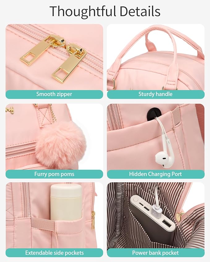 Girls School Backpack, Laptop Backpack for Women Middle High School College Students, Travel Work Bag Cute Nursing Bookbag, Pink