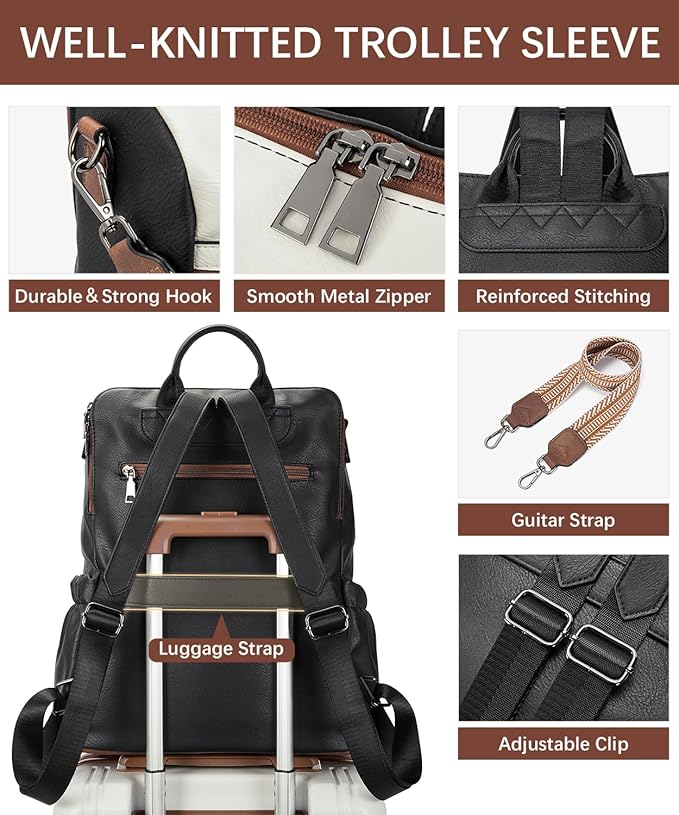 BOSTANTEN Leather Laptop Backpack for Women Designer Travel Backpack with Laptop Compartment Ladies Computer Shoulder Bags Black＆Beige＆Brown