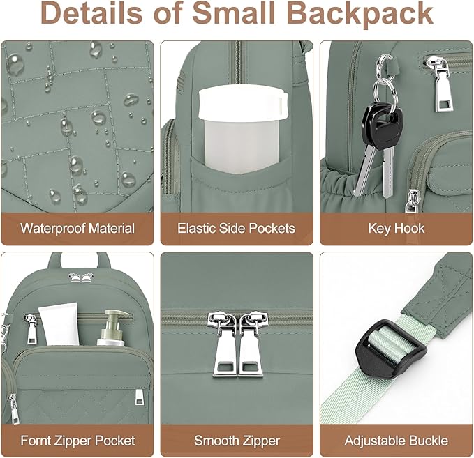 Mini Backpack for Women Small Backpack Purse, Anti Theft Backpack Waterproof Lightweight Puffer Back packs for Travel, Work with Coin Purse Green