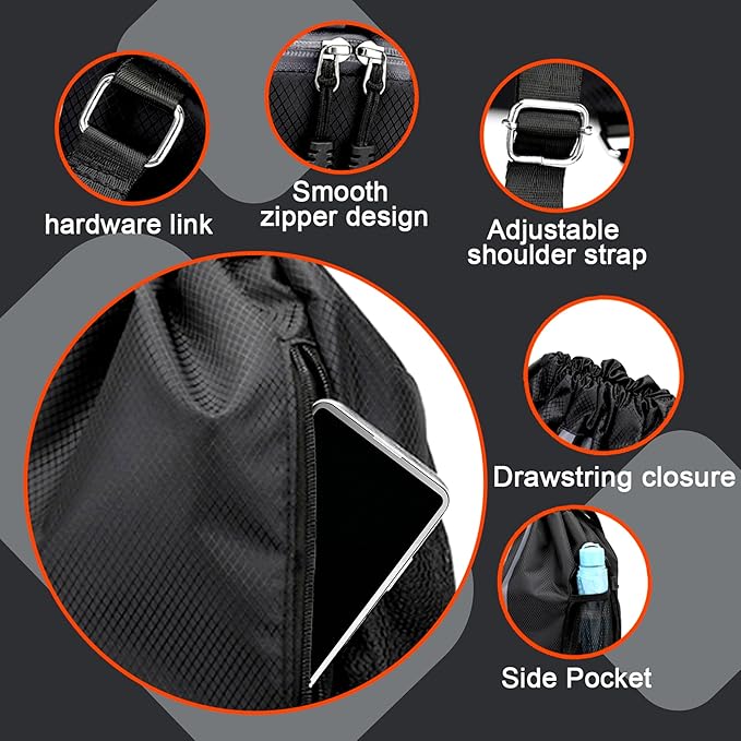 Drawstring Backpack,Waterproof Sports Gym Bag，Unisex Large Drawstring Bags with Wet and dry separation bag,football boot bag for Gym Sport Yoga School, Black, One Size