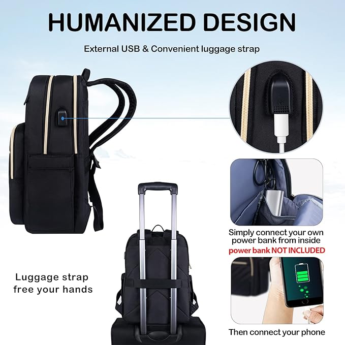 VANKEAN Laptop Backpack for Women with USB Port, Laptop Computer Bag Travel Backpack Purse,Waterproof Work Business Backpack College Teacher Bags, Black
