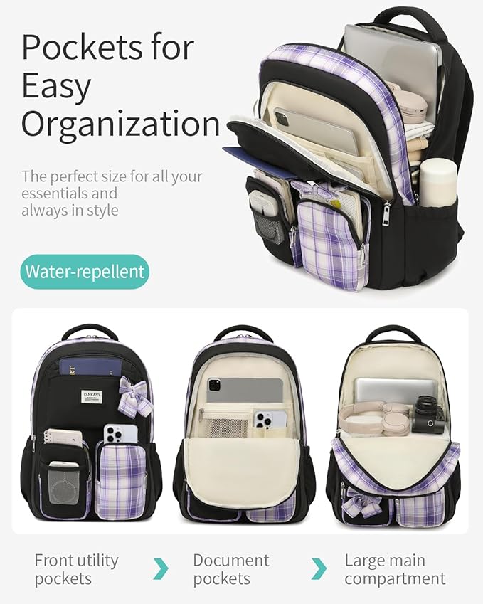 School Backpack for Teen Girls Cute Bookbags Middle High School College Laptop Bags Women Travel Teenage School Bag Daypack, Black Purple
