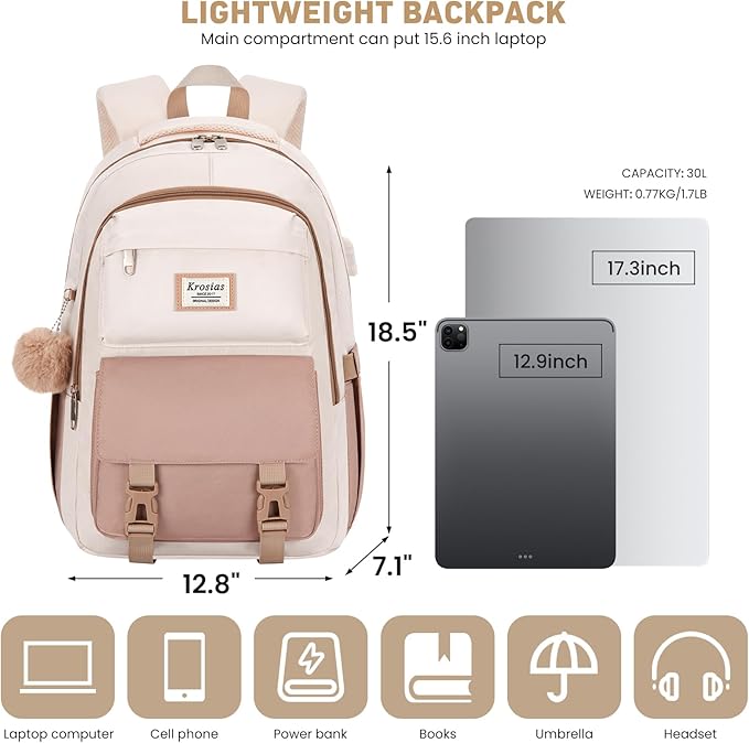 School Backpack for Girls Teens, Cute Aesthetic College Backpacks Large 17.3 Inch Laptop Bag Preppy Bookbag for Women Students Travel (Khaki Beige)