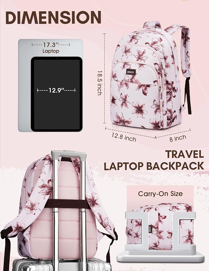 Laptop Backpack for Women, Pink Business Travel Laptops Backpack with USB Charging Hole for 17.3inch Laptop Work Bag, Sturdy Daypack Computer Backpacks Gift for Teacher Doctor Nurse College