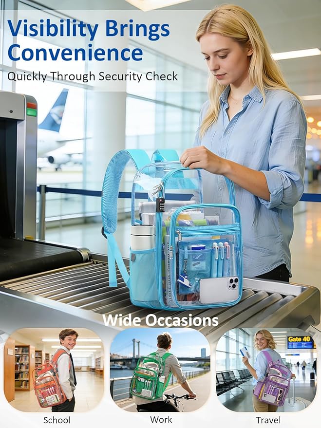 Extra Large Clear Backpack with TSA Lock, Heavy Duty Transparent See Through Clear Bookbag for College, Work, Travel, Casual Sport, Light Blue