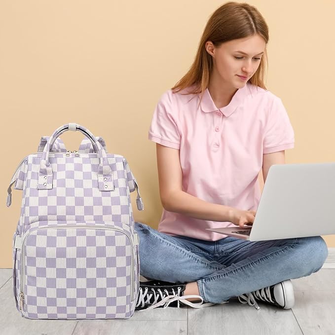 Laptop Backpack for Women, Corduroy College School Backpack Bookbag 15.6 inch Business Computer Travel Backpack (Checkered Purple)