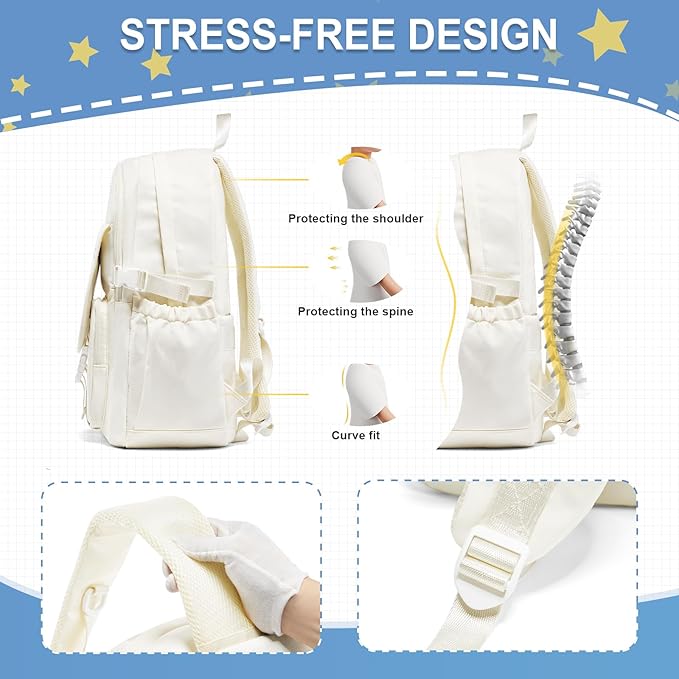 Lightweight Waterproof Backpack for Women Men Large Capacity College School Bag with Luggage Straps Multiple Pockets Durable High School Bookbag, Casual Daypacks for Students Girls Boys(Beige)