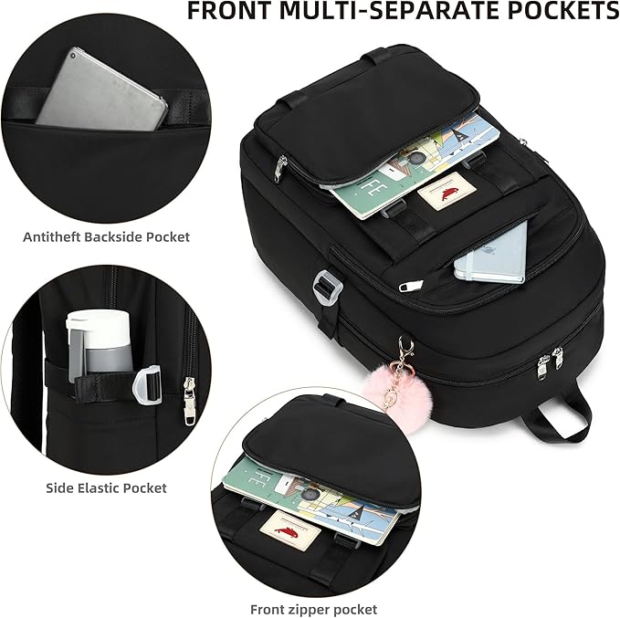 3 PCS Backpack for Teen Girls,Laptop Backpacks 15.6 Inch School Bag with Lunch Box Pencil Pouch Set for Students Aesthetic College Bookbag Travel Daypack(Black)