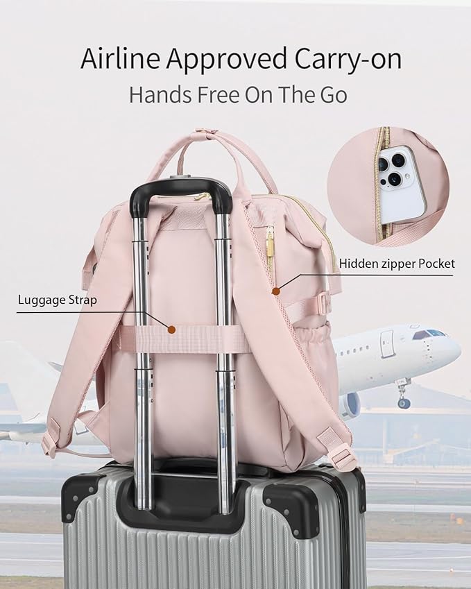 Computer Backpack for Women, Work Bag Laptop Bookbag with Cup Holder & USB Charger for Teacher Nurse College Travel Back Pack, Gifts, Beige Pink