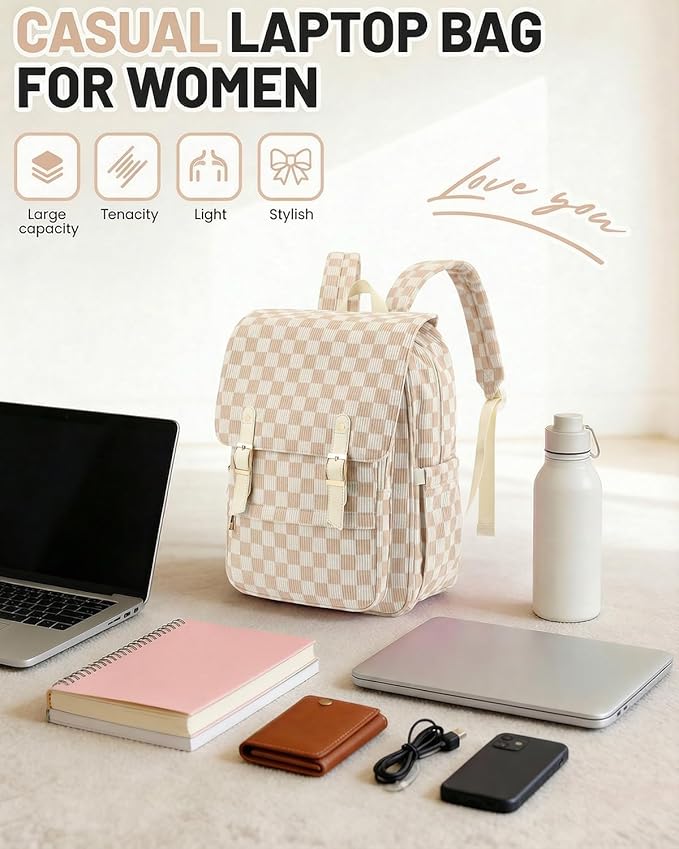 Corduroy Laptop Backpack for Women, Fits 15.6 Inch Computer Bag, College High School Bookbag Travel Daypack Purse, Work Business Bags - Corduroy Checkered Brown