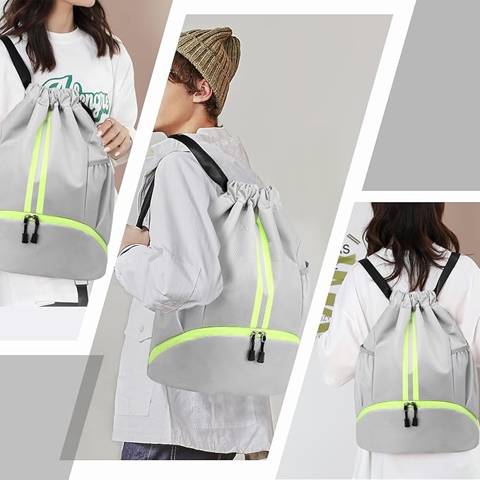 Hoedia Sports Drawstring Backpack - String Swim Gym Bag with Shoes Compartment and Wet Proof Pocket for Women&Men