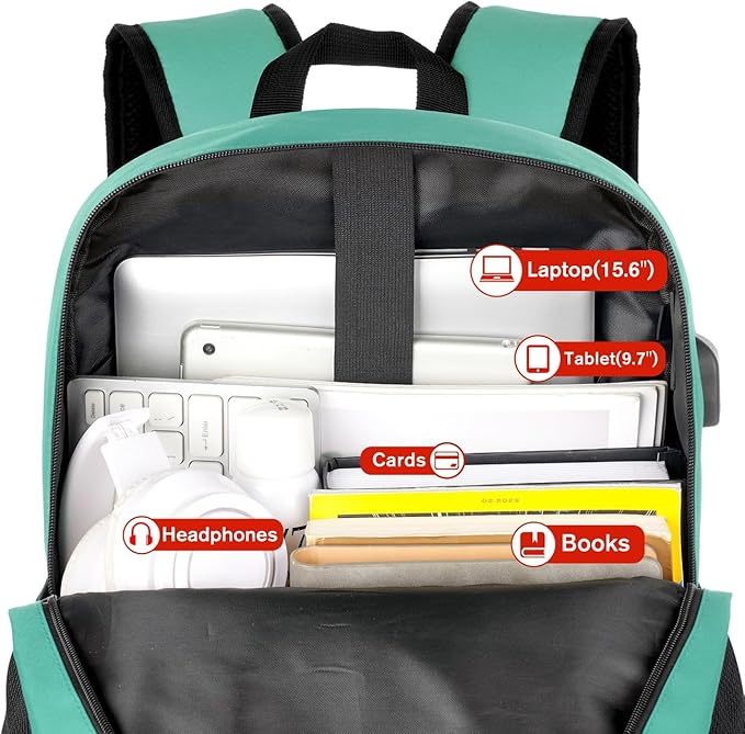 YAMTION 17 Inch School Backpack for Teens,Green Bookbag Classic Backpack with USB Port for High School College Students