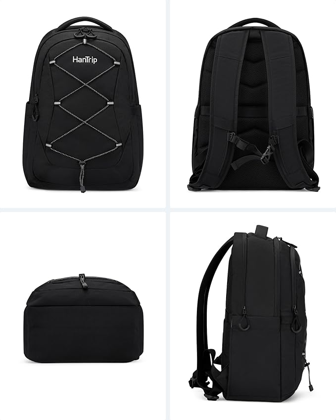 Travel Laptop Backpacks for Women Men, Large Work Backpack for Commuter College School Book Bags, Reflective Water Resistant Backpack with Luggage Strap Water Bottle Pocket Chest Strap, Black