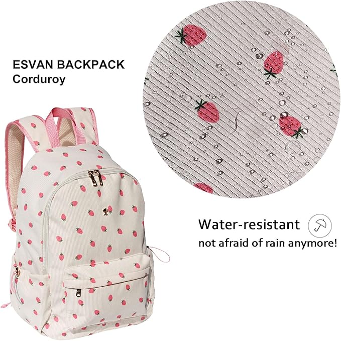 ESVAN Corduroy Backpack Lightweight Fashion 17 inch Laptop Bag for Women Casual College (Corduroy Pink strawberry)