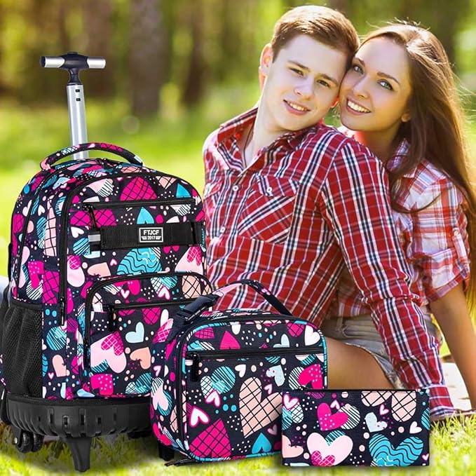 Rolling Backpack for Womens and Mens, Adults Wheeled Bookbag with Lunch Box for Girls and Boys.