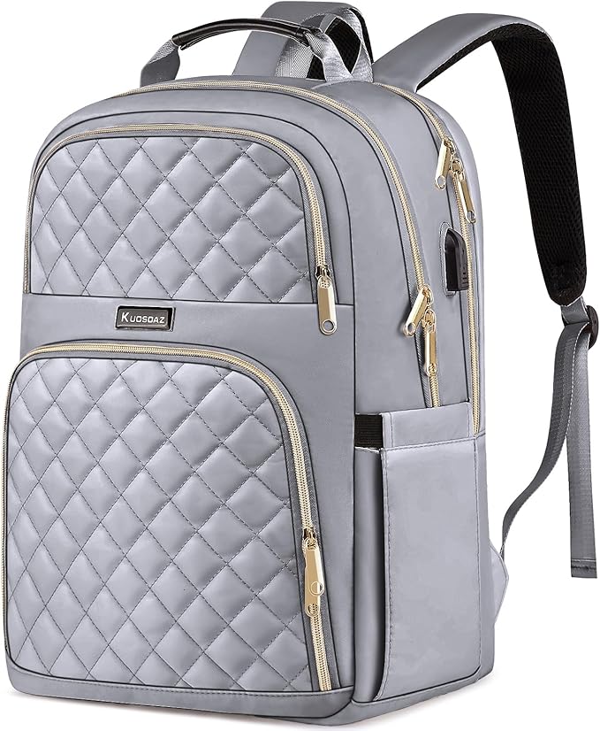 Backpacks for Women, School Backpack for Teen Girls, 15.6 Inch Cute Quilted Laptop Backpack with USB Charging, Large Bookbag for Middle School College Students, Grey