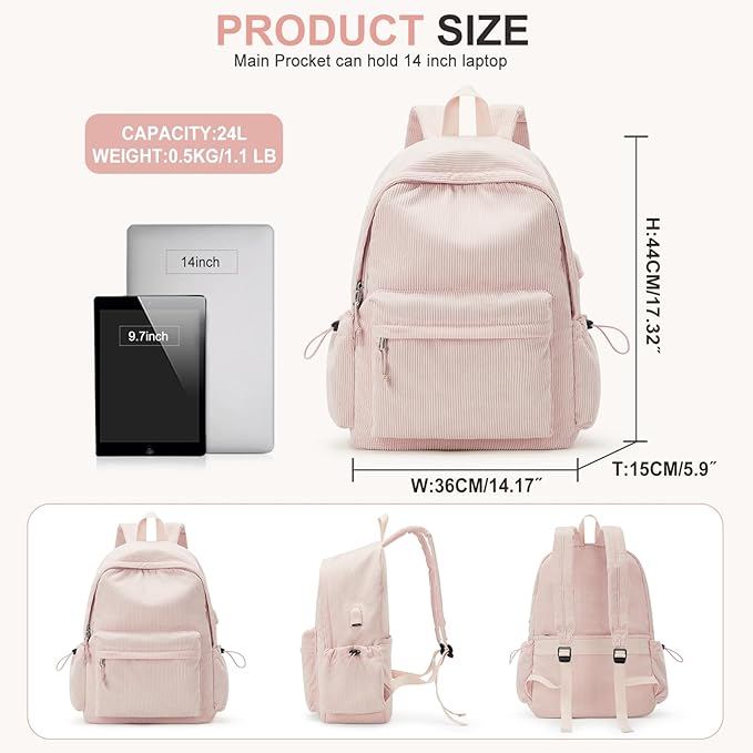 School Backpack for Teens Boys Girls Cute Corduroy Bookbag Classic Casual High School Bag Lightweight College Backpack For Women Men(Pink)