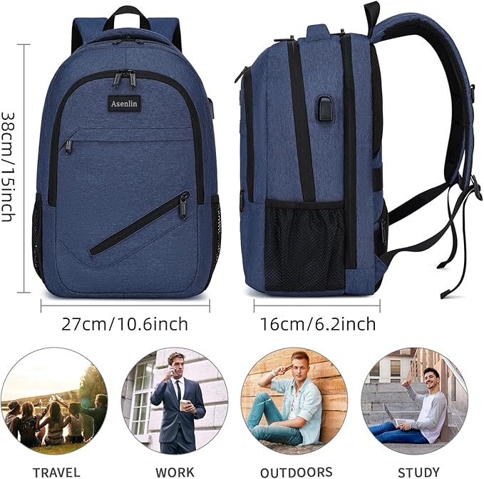 Asenlin Travel Laptop Backpack for Women & Men,Water Resistant Business Slim Sturdy Laptops Backpack with USB Charging Port,Fits 15.6 Inch Notebook College School Computer Bag-Blue