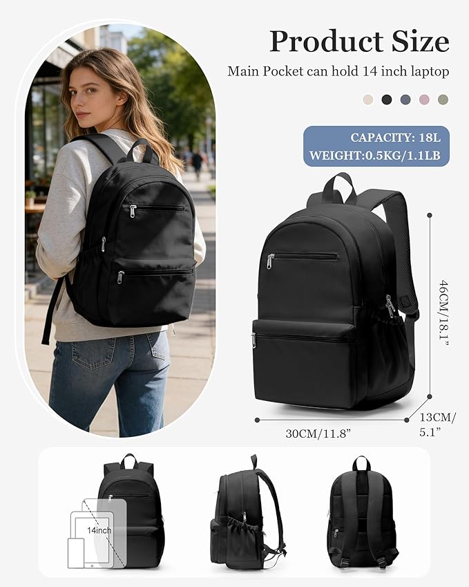 Lightweight School Backpack for Women Men, Multi Pocket Backpack for College Students, Waterproof Middle School Bags, Simple Bookbag for Teens Girls Boys, Black