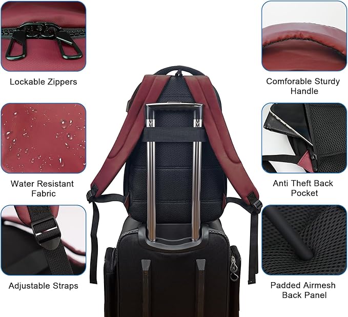 WOLT Laptop Backpack for Men Women for 15.6 Inch and 17 Inch Notebook, Travel Backpack Carry On Flight Approved with Computer Compartment, College Bookbag with USB Charging Port (Red)