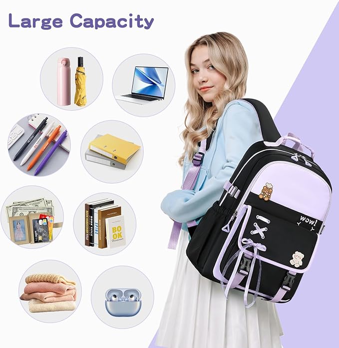 Cusangel Teen Girls Backpack,Girls Cute Backpack Big kids Elementary Middle High School College Student,17" Bookbag For 9Age+ boys(Purple)
