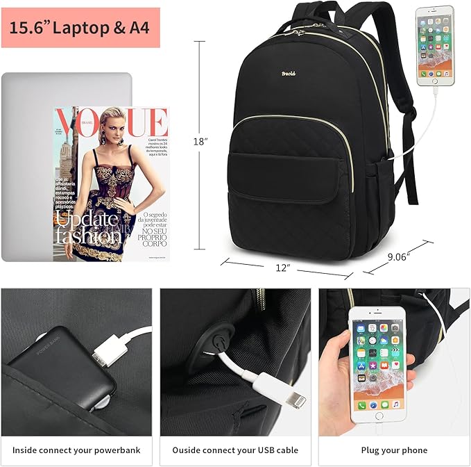 Laptop Backpack for Women Travel Business Backpacks 15.6 inch,College Bookbag Schoolbag for Girls Teacher Backpack Daypack TSA Friendly for School,Black