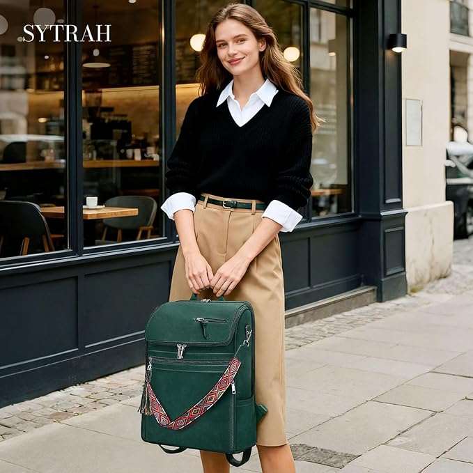 Leather Laptop Backpack for Women Designer Laptop Bag, 16.5 inch Travel Computer Backpacks Purse with Tassel for Work Business with Satchel Purse Green