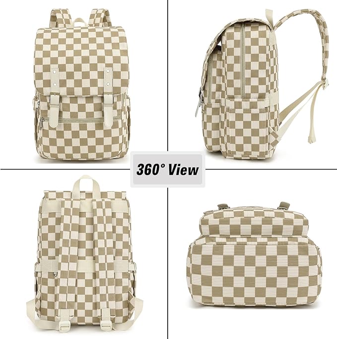 Corduroy Travel Backpack for Women, 15.6 Inch College Laptop Backpack, Fashion School Bookbag Work Backpacks (Corduroy Checkered Khaki)