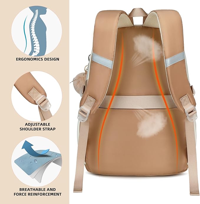 School Backpack for Teen Girls College Backpacks for Women Students Bookbag Large 15.6 Inch Laptop Bags Kids Kindergarten Elementary Middle School Bag Anti Theft Daypack Travel Back Pack Beige