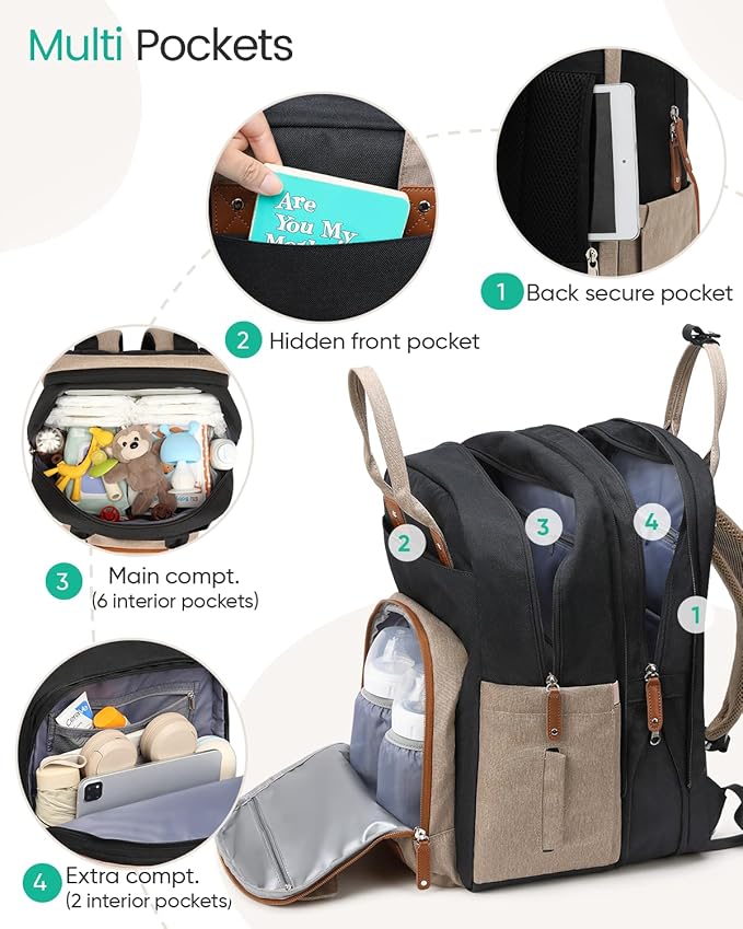 Extra Large Diaper Bag Backpack for Two Kids Twins - Expandable Baby Bag (26-36L), Dual Big Compartments - Includes Changing Pad & Stroller Straps, Unisex Black Khaki